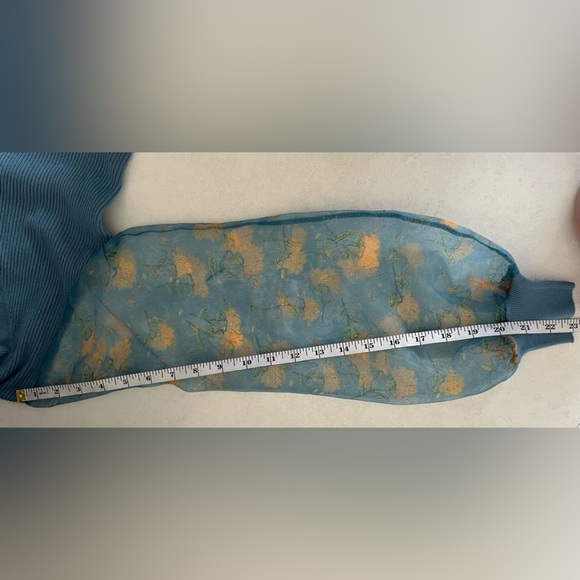 NWT Vila Milano/ Sweater/ Airforce Blue/ Sheer Floral Bubble Sleeves/ Size US XS - Picture 10 of 14